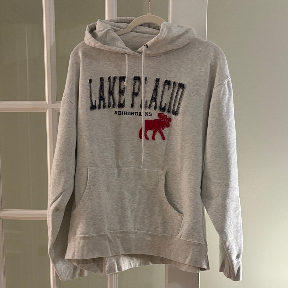 Blue 84 Navy Blue Label on Heather Gray Hoodie LAKE PLACID ADIRONDACKS